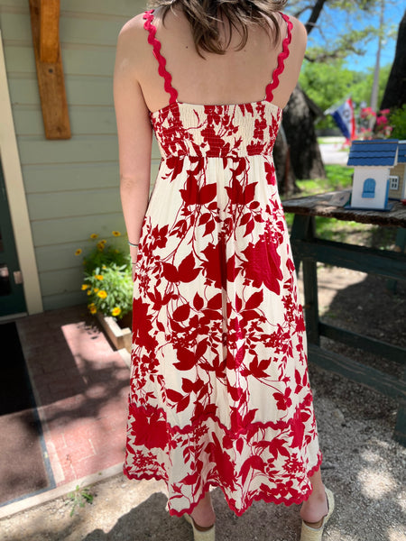 Floral Print Ric Rac Detailing Midi Dress - Red-K. Ellis Boutique