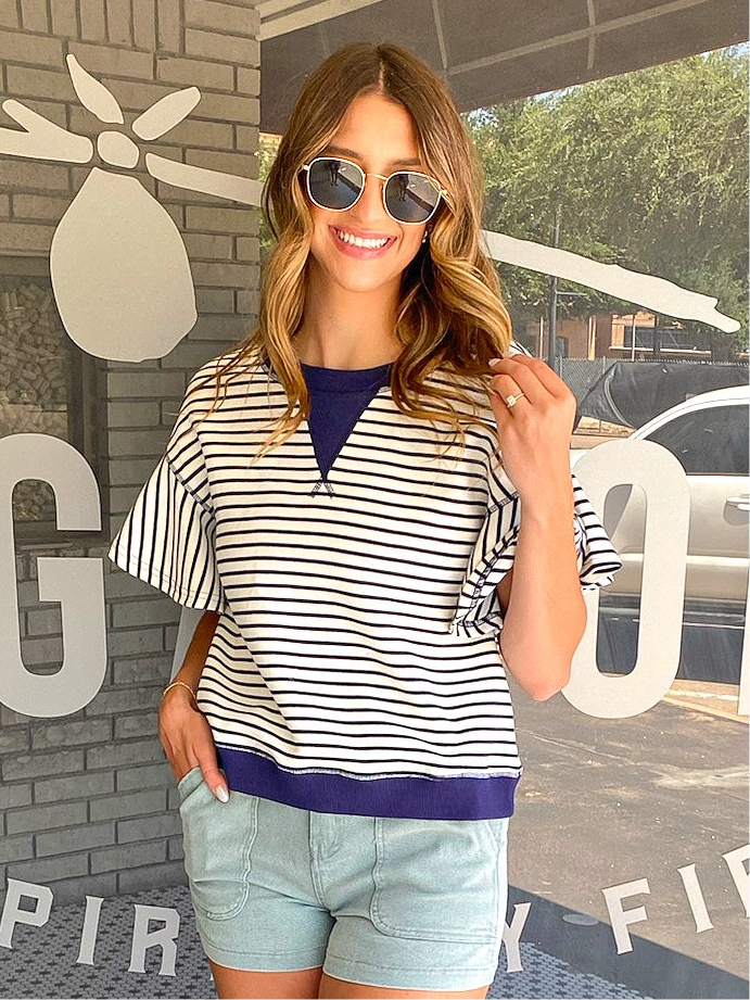 Striped Ruffle Sleeve Top - Navy-K. Ellis Boutique