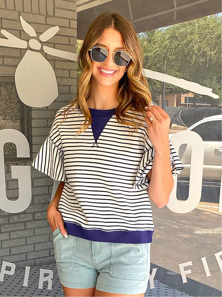 Striped Ruffle Sleeve Top - Navy-K. Ellis Boutique