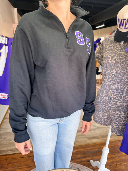 San Saba Varsity Embroidered- Black Half Zip Up -Adult-K. Ellis Boutique