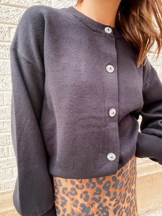 Jewel Button Down Cardigan- Black-Cardigans-K. Ellis Boutique