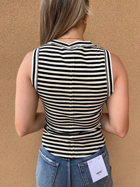 Stripe Print Round Neck Tank Top- Black-K. Ellis Boutique