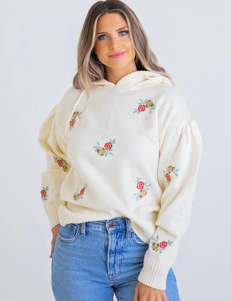 Embroidered Floral Novelty Sweater Hoodie - Ivory- Karlie-K. Ellis Boutique