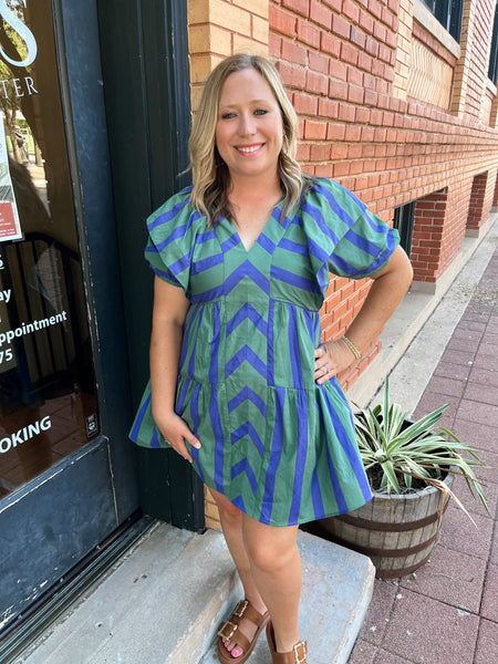 Mixed Line V-Neck Mini Dress - Green-K. Ellis Boutique