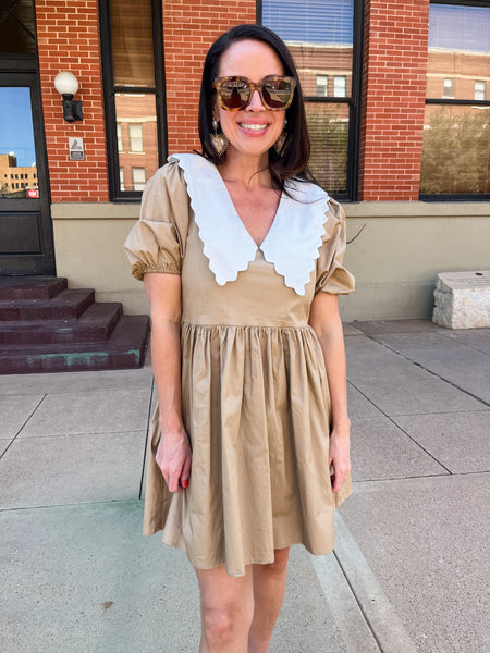 Peter Pan Collar Back Zipper Dress- Khaki-K. Ellis Boutique