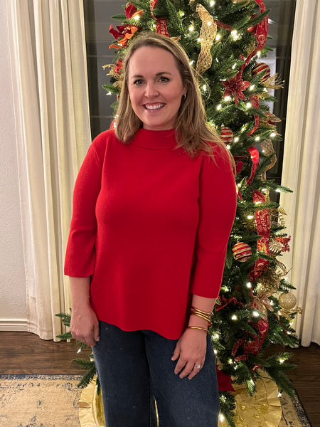 Mock Neck Pull Over Sweater/Bell Sleeve-Red-K. Ellis Boutique