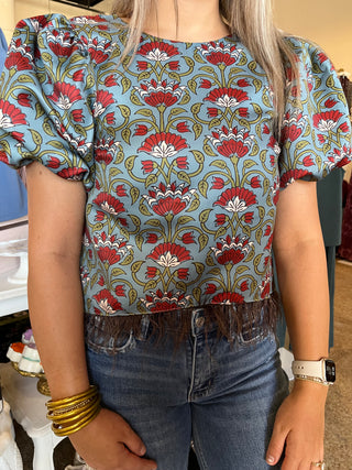 Fleur Feather Trim Top-Short Sleeve Top-K. Ellis Boutique