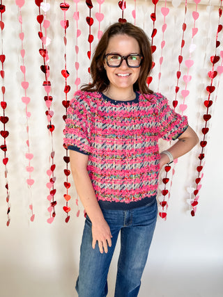Lurex Tweed Rib Contrast Top- Pink & Blue-K. Ellis Boutique