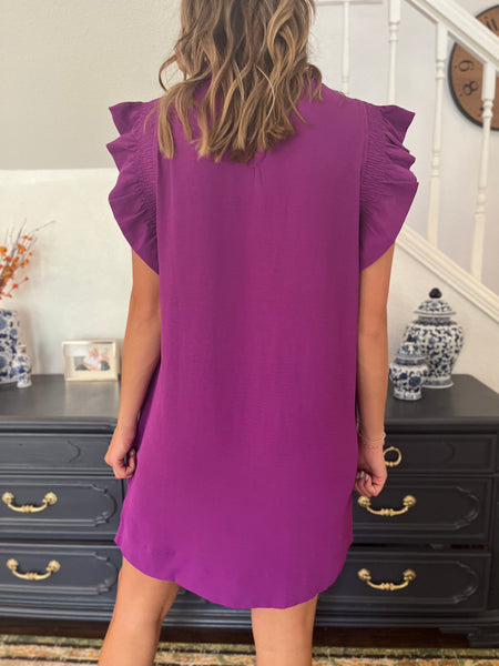 Solid Ruffle Cap Sleeve Dress- Purple-K. Ellis Boutique