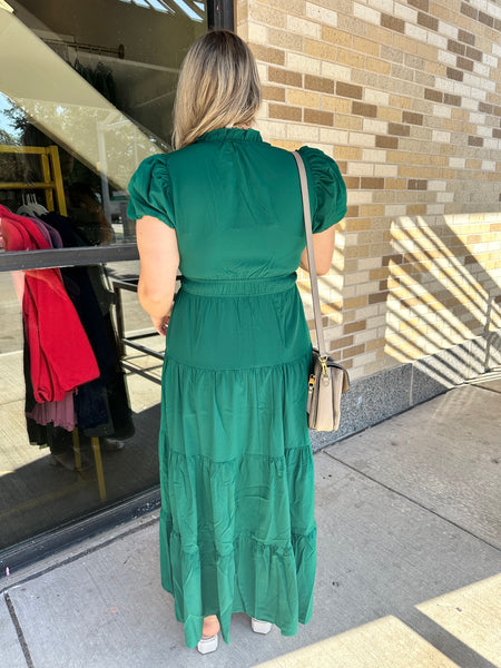 Solid Bubble Sleeve V-Neck Midi Dress- Hunter Green-K. Ellis Boutique