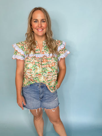 Printed Ric Rac Detailing Blouse - Green/Peach-K. Ellis Boutique