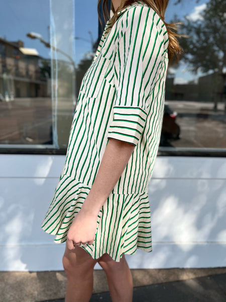 Striped Collared Flare Mini Dress - Green-K. Ellis Boutique