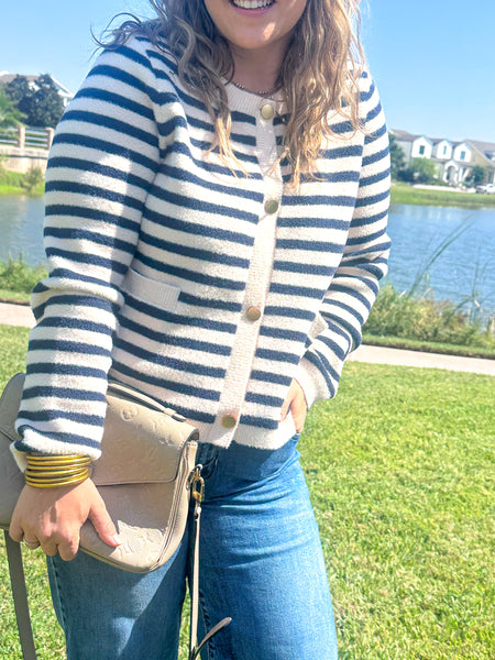 THML- Striped Knit Cardigan- Navy/ Cream-K. Ellis Boutique