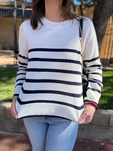 Chantilly Striped Cropped Sweater-CREAM/NAVY-K. Ellis Boutique
