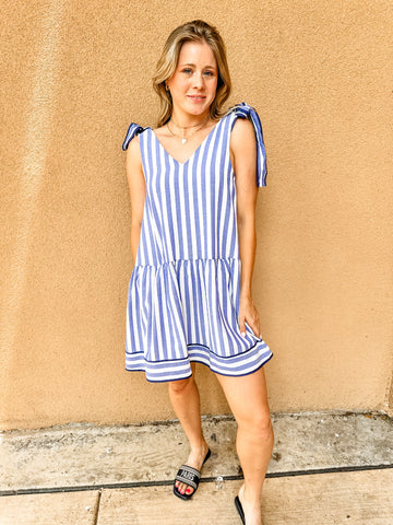 Stripe Print V-Neck Mini Dress - Blue-K. Ellis Boutique