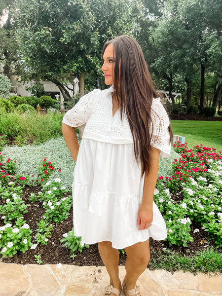 Eyelet Collared Mini Dress- White-K. Ellis Boutique