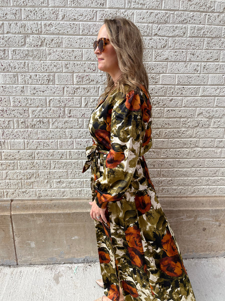 Abstract Rose Button Up Midi Dress- Rust/Olive-K. Ellis Boutique