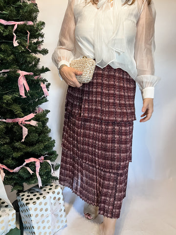 Tiered Pleated Plaid Pattern Midi Skirt- Burgundy Plaid-K. Ellis Boutique