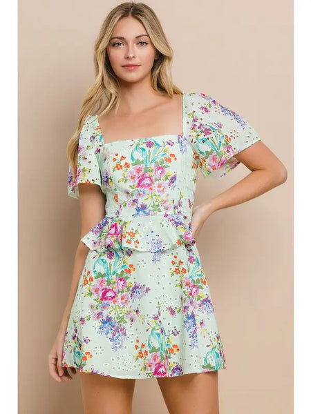 Floral Printed Eyelet Dress- Mint-K. Ellis Boutique
