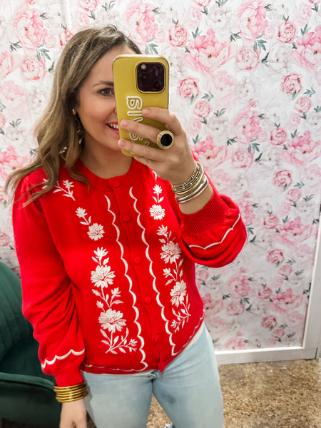 Embroidered Detail Ballon Sleeve Cardigan- Red-K. Ellis Boutique