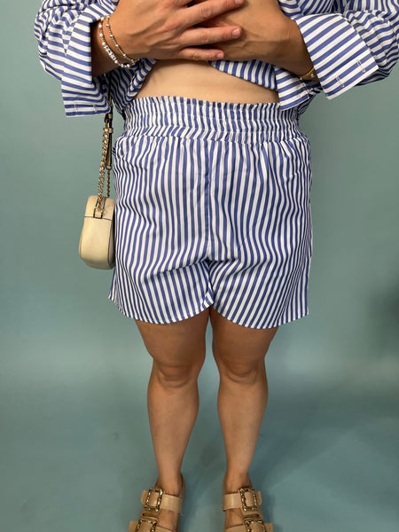 STRIPED LONG SLEEVE SHIRT AND SHORTS SET- BLUE-K. Ellis Boutique