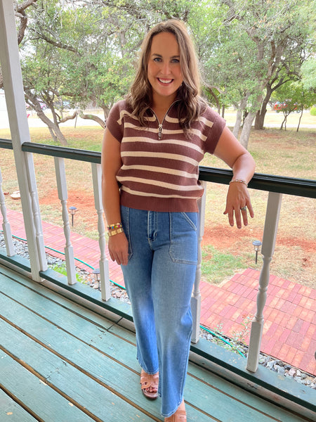 Stripe Print Short Sleeve Knit Top- Espresso-K. Ellis Boutique