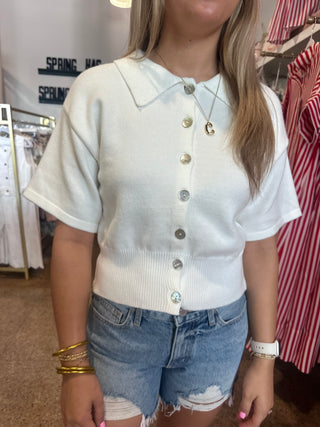 Palmer Collared Cardigan- White-Short Sleeve Top-K. Ellis Boutique