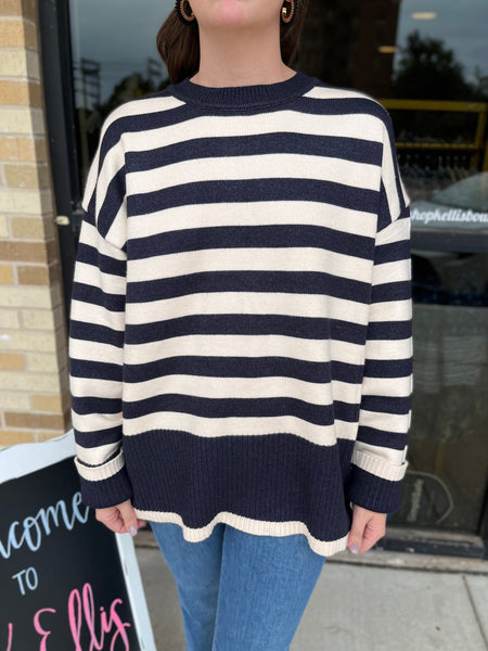Oversized Stripe Print Sweater - Navy-K. Ellis Boutique