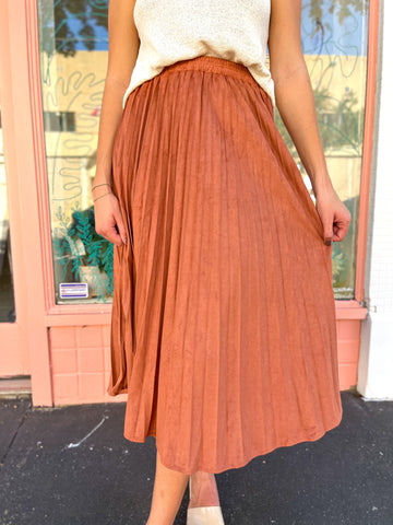 Faux Suede Pleated Skirt- Brick-K. Ellis Boutique