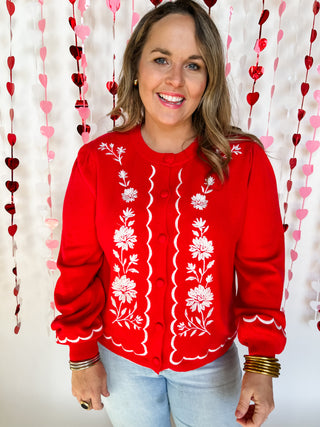 Embroidered Detail Ballon Sleeve Cardigan- Red-K. Ellis Boutique