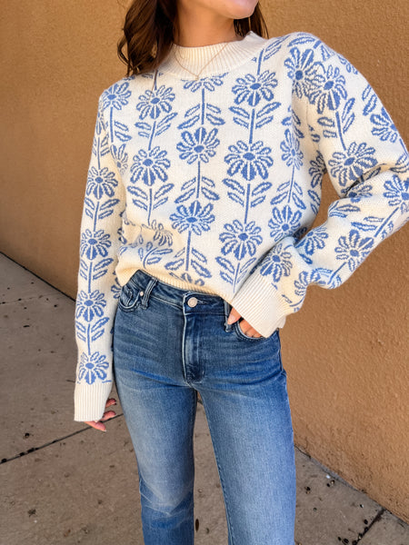 Winter Floral Blue and White Sweater-K. Ellis Boutique