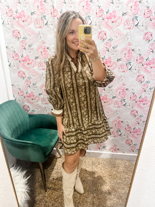 Floral Stripe Ruffle Trim Mini- Brown-K. Ellis Boutique