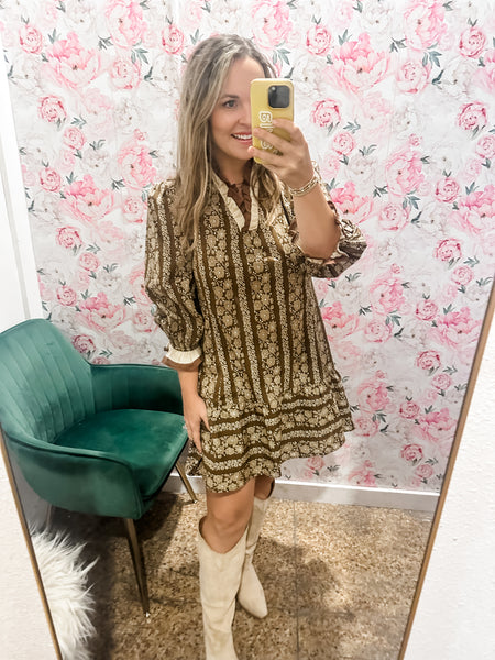 Floral Stripe Ruffle Trim Mini- Brown-K. Ellis Boutique