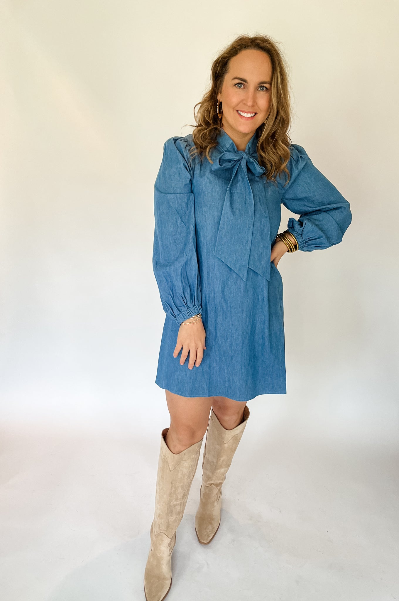 Adjustable Bow Tie Denim Dress- Light Denim-K. Ellis Boutique