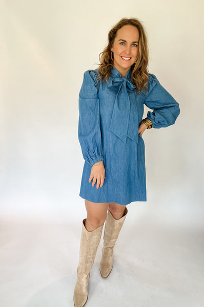 Adjustable Bow Tie Denim Dress- Light Denim-K. Ellis Boutique