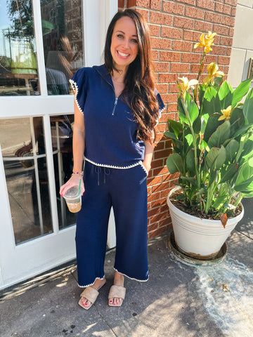 Contrast Stitching Top & Pant Set- Navy-K. Ellis Boutique