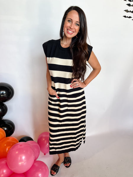 Striped Sleeveless Midi Bodycon Dress- Black-K. Ellis Boutique