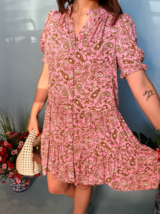 Paisley Print Ruffled Mock Neckline Mini Dress- Pink-K. Ellis Boutique