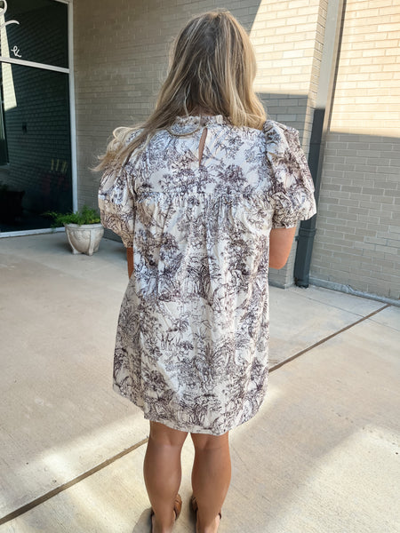 Printed High Neck Mini Dress- Mocha-K. Ellis Boutique