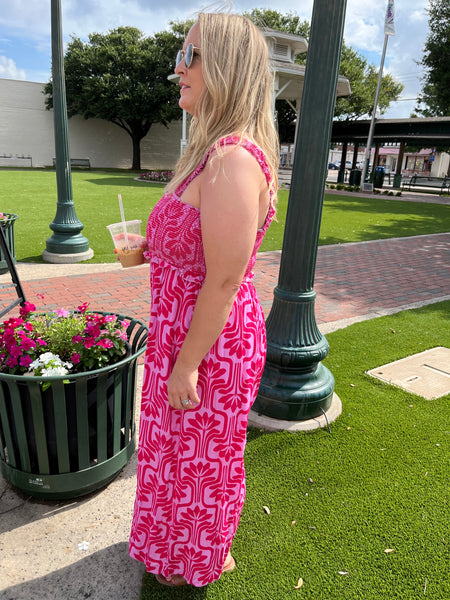 Printed Smocked Jumpsuit - Pink Combo-K. Ellis Boutique