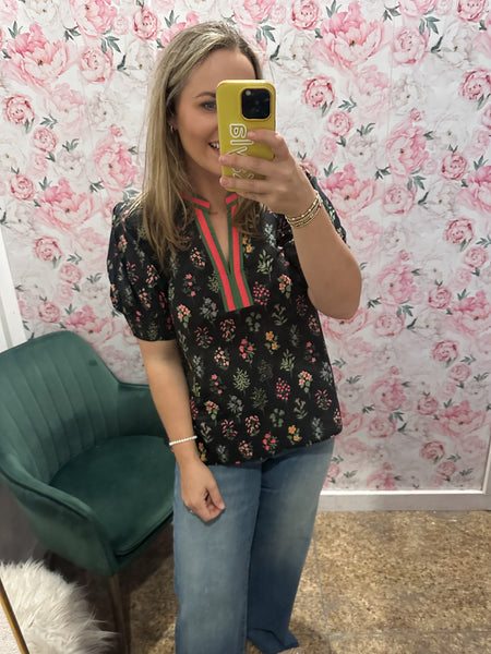 Courtney Floral Puff Sleeve Top- Black-K. Ellis Boutique