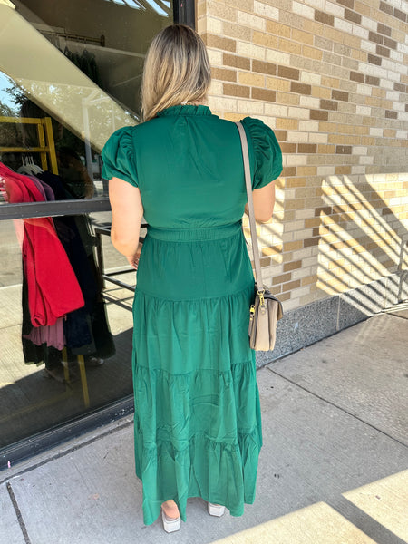 Solid Bubble Sleeve V-Neck Midi Dress- Hunter Green-K. Ellis Boutique