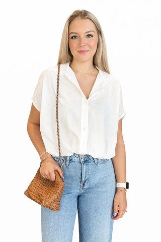 Bubble Hem Button-Up Blouse- White-K. Ellis Boutique