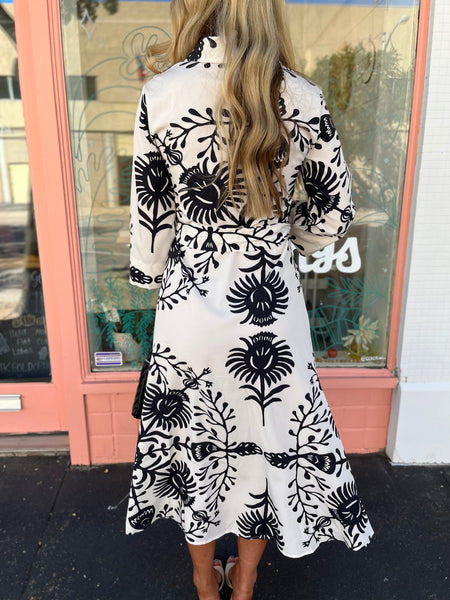 Floral Print Long Sleeve Button Down Midi Dress- black-K. Ellis Boutique