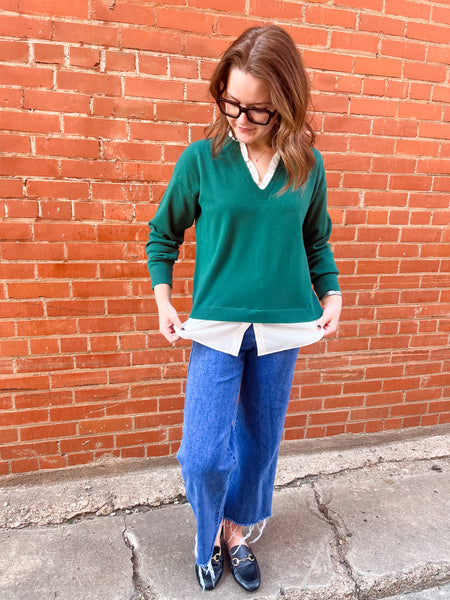 V-neck Knit Woven Combo Top- Pine Green-K. Ellis Boutique