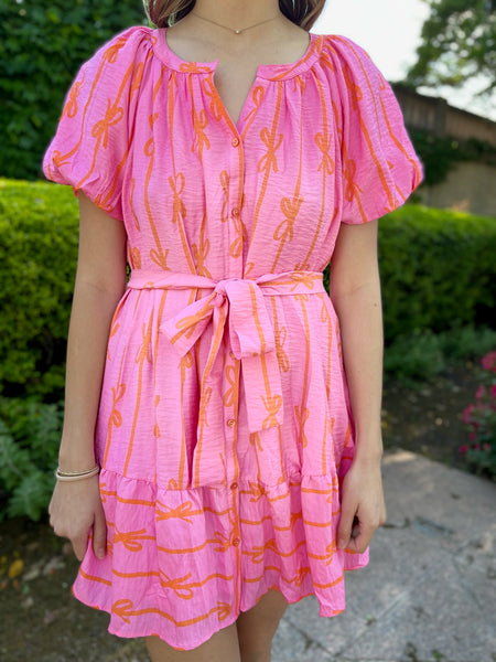Bow Print Button Down Mini Dress - Bubble Pink-K. Ellis Boutique
