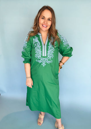 Chris Embroidery Midi Dress - Green-Midi-K. Ellis Boutique