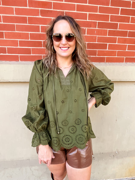 Solid Eyelet Long Sleeve Top - Olive-K. Ellis Boutique