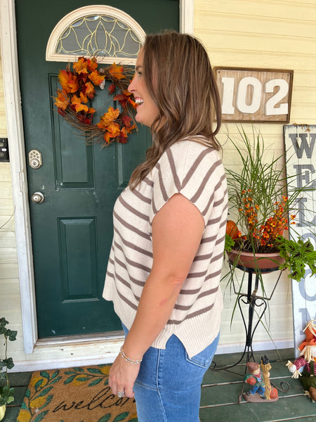 Stripe Print Round Neck Knit Top- Oatmeal-K. Ellis Boutique