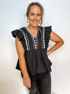 Solid V-Neck Ruffle Sleeve Top - Black-K. Ellis Boutique